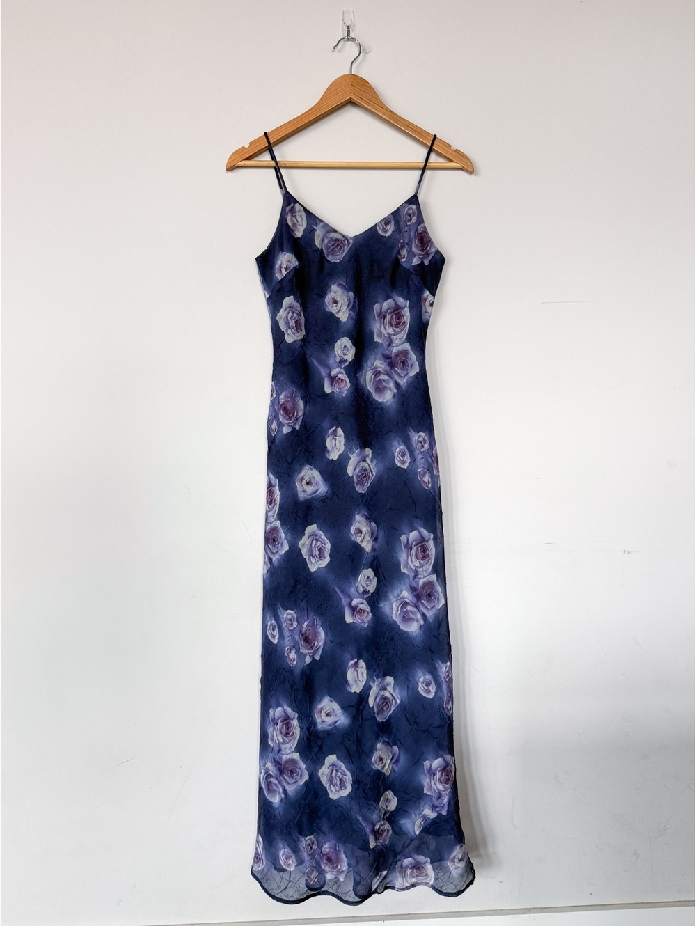 VTG 90s Y2K Stepping Out Floral Maxi Slip Dress Roses Navy Wedding Guest